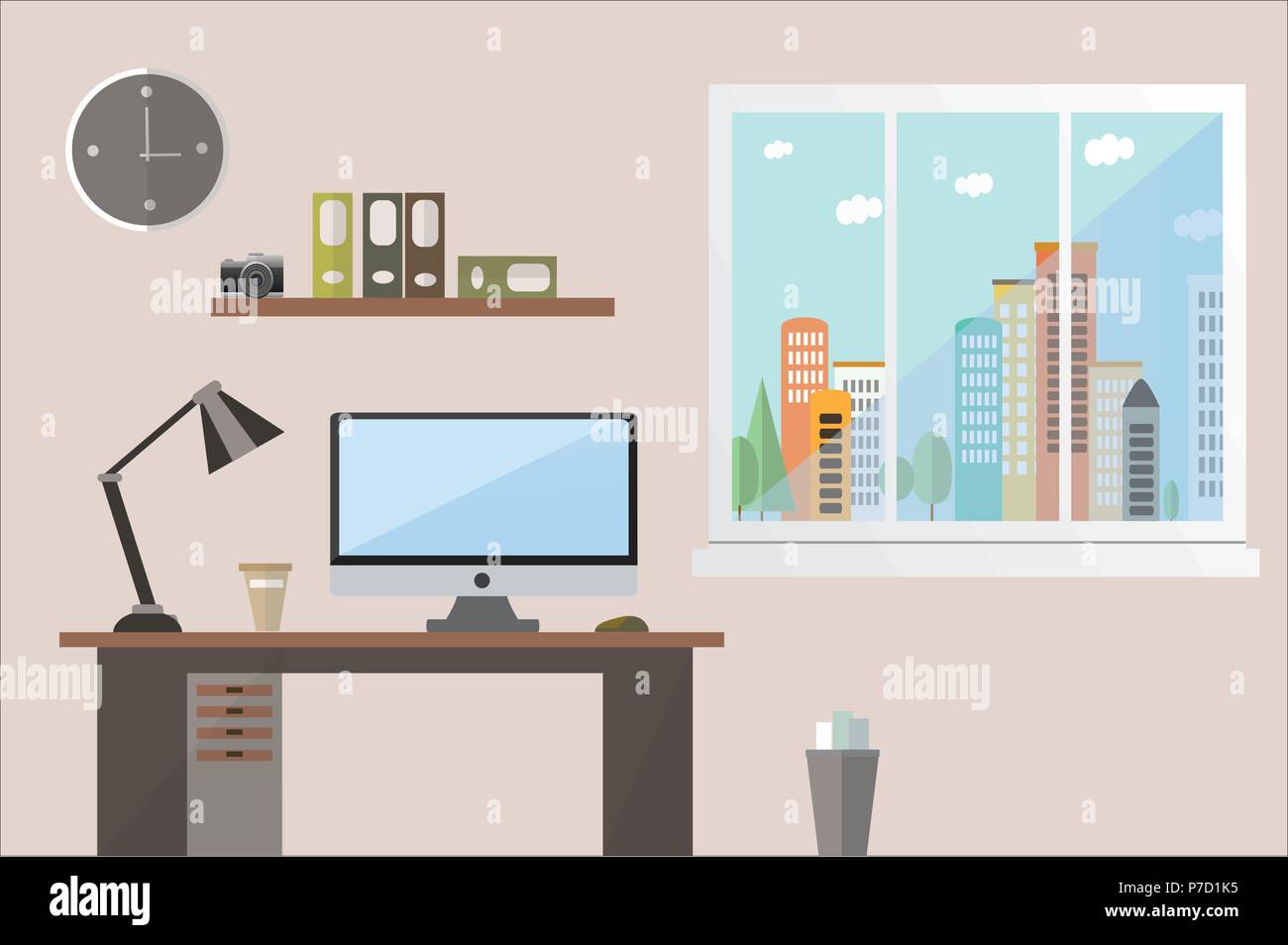 Flache design vector Abbildung: ein Büro Arbeitsplatz Brauntöne mit Blick auf die Stadt. Stock Vektor