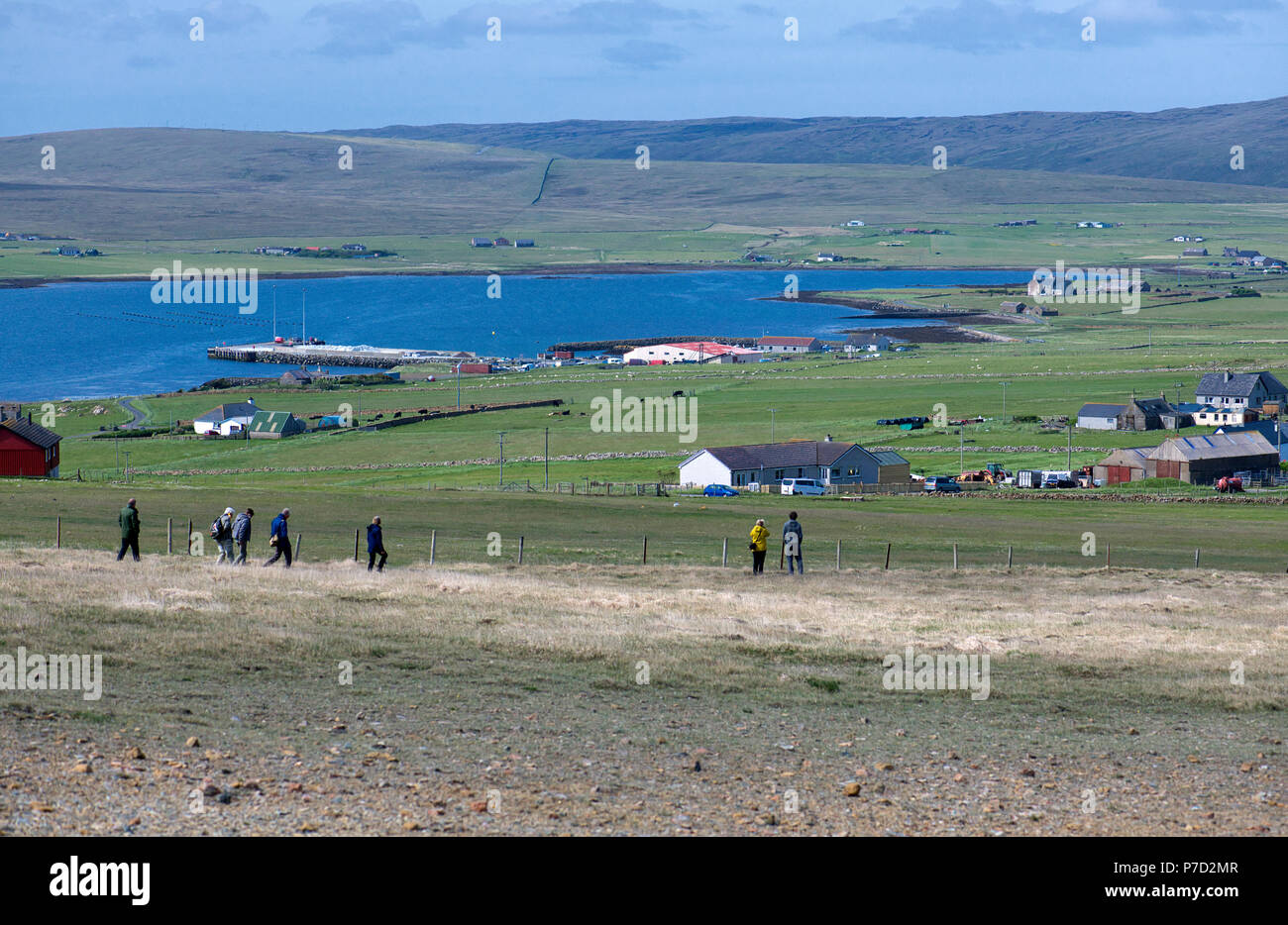 Eine Gruppe von naturforschern verlassen die Scharf von Hamar National Nature Reserve, Unst, Shetland, UK. Die Abwicklung von baltasound ist im Hintergrund. Stockfoto