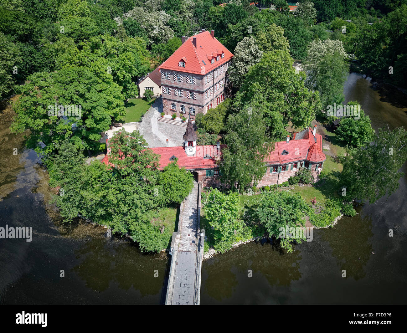 Luftaufnahme, Zeltner schloss, Wasserschloss in Zeltner Weiher, Manor House, Nürnberg, Gleißhammer, Mittelfranken, Franken Stockfoto