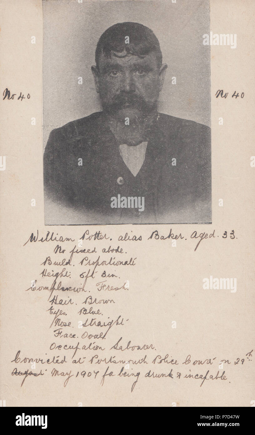 Alte Ansichtskarte von verurteilten Mann William Potter im Alter von 33. Portsmouth an der Polizei Gericht am 29. Mai 1907 Für Getrunken werden und nicht verurteilt. Stockfoto