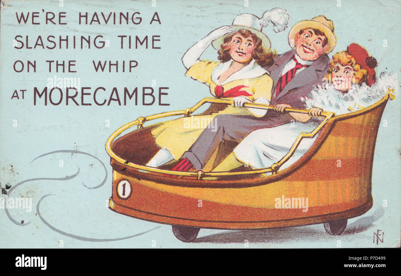 Alte Ansichtskarte einer Kirmes Waltzer Fahrt bei Morecambe, Lancashire, England, Großbritannien Stockfoto