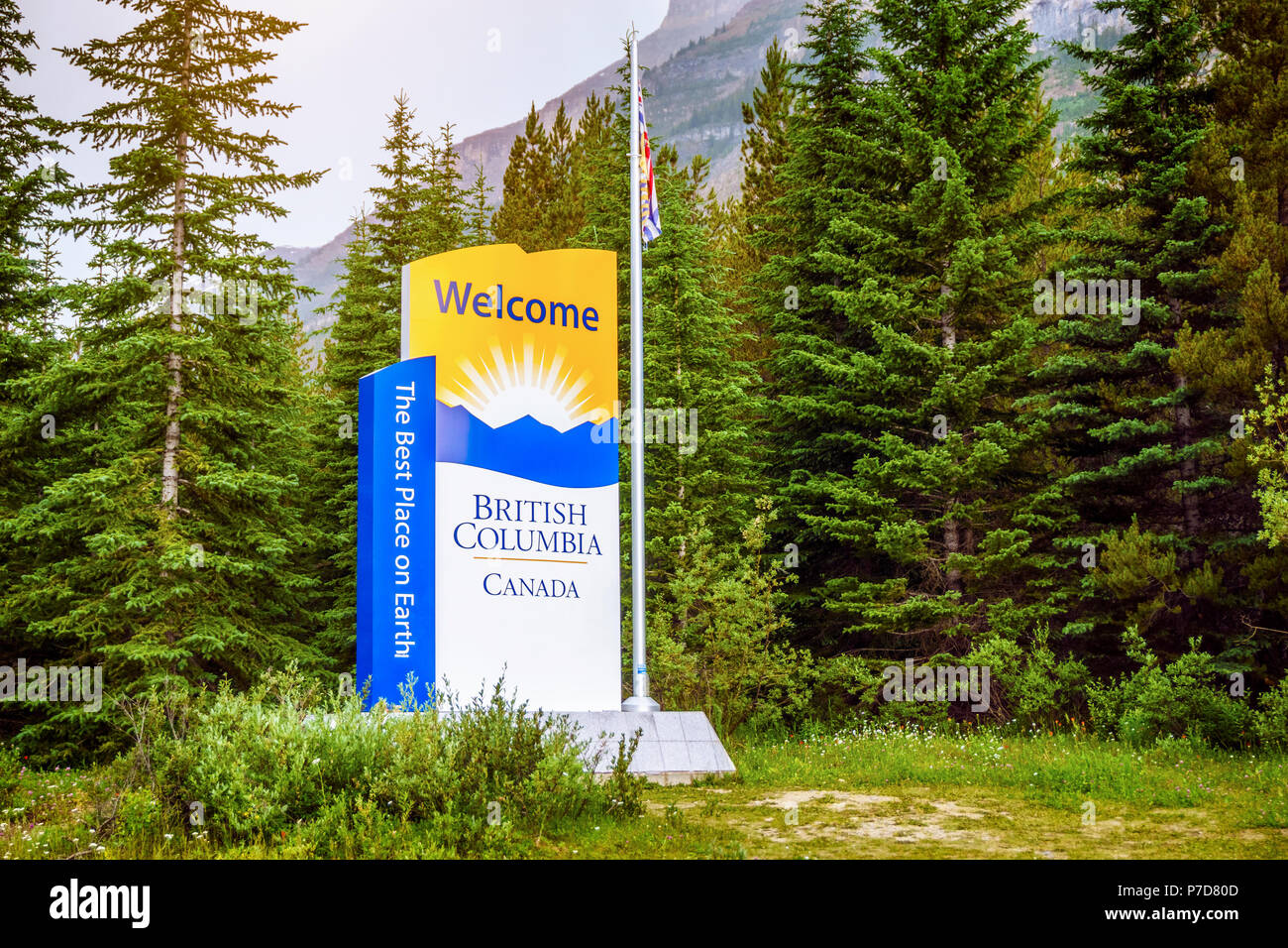 Zu British Columbia Willkommen, einladende Zeichen an den nationalen Grenzen, Kanada Stockfoto