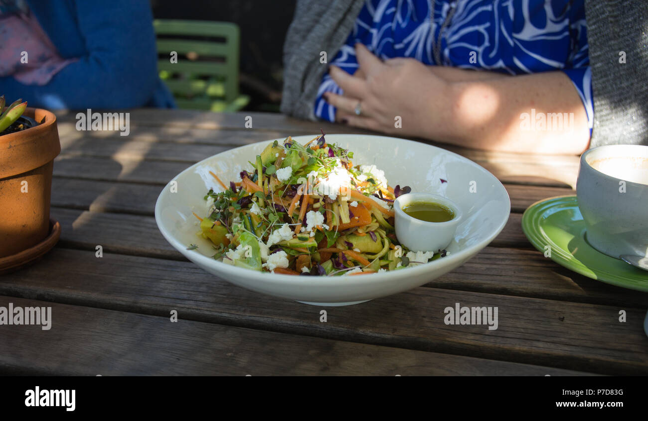 Zwei Frauen beim Mittagessen saßen draußen an einem Holzrosttisch unter einem bedeckten Schatten von Bäumen mit einer weißen Salatschüssel vor ihnen Stockfoto