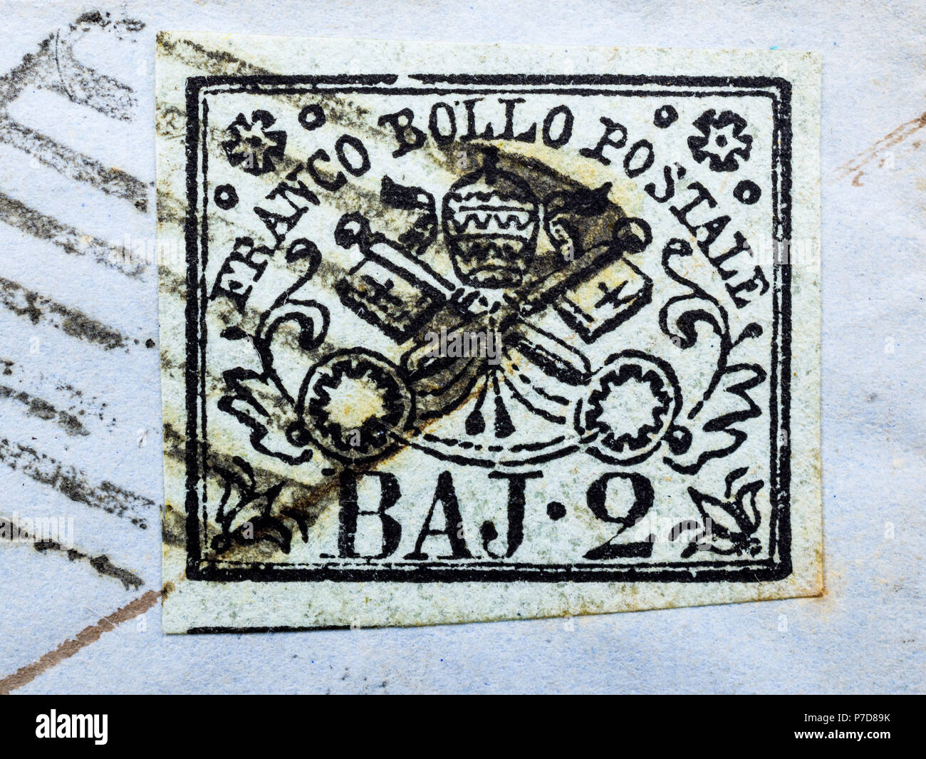 1852 Kirchenstaat (Italien) Briefmarke auf Brief. Stockfoto