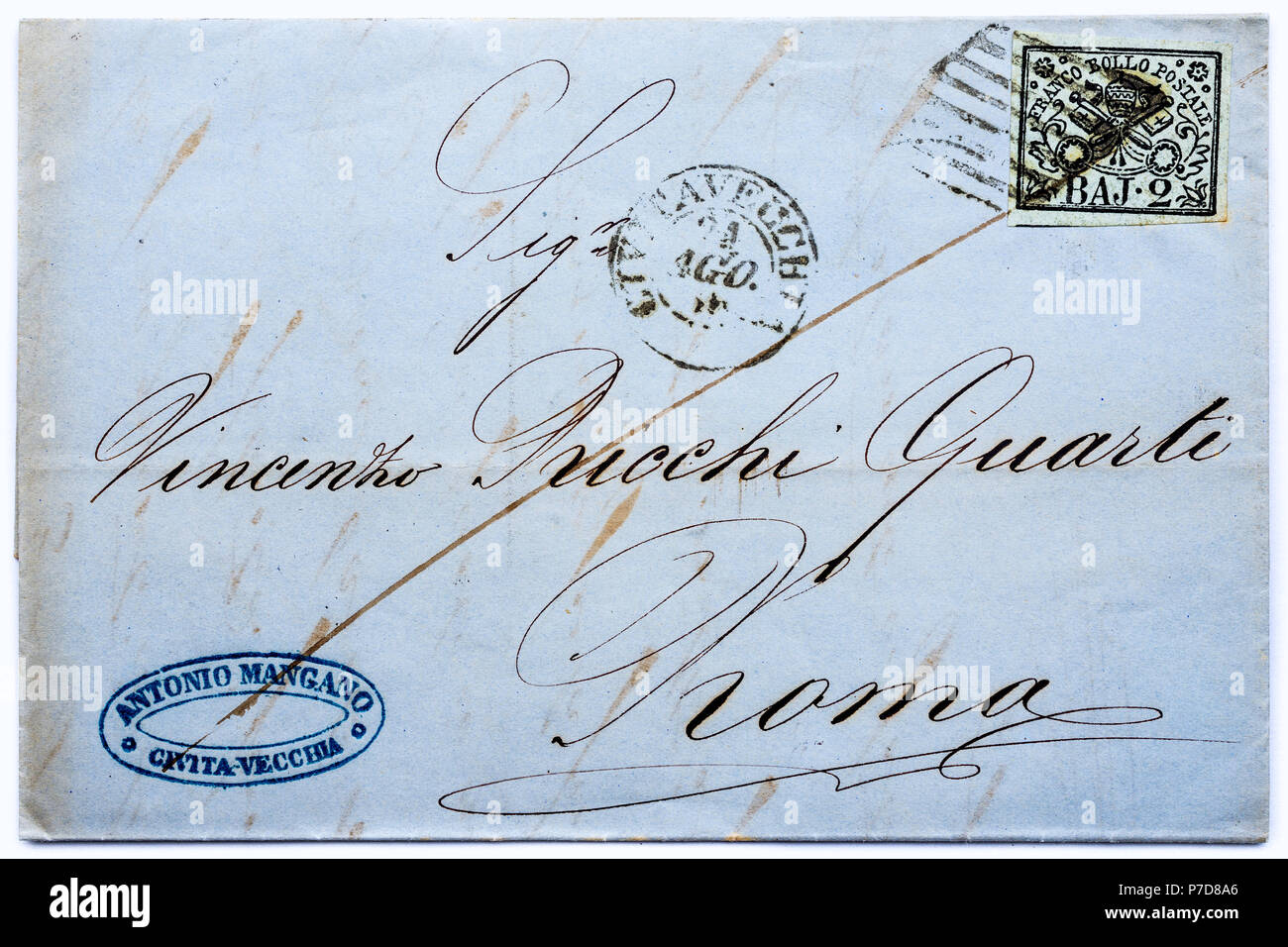 1852 Kirchenstaat (Italien) Briefmarke auf Brief. Stockfoto