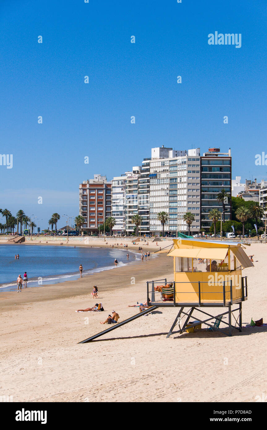 Schwimmer an den Strand der Stadt, lifeguard Tower und Wolkenkratzer in Montevideo, Uruguay Stockfoto Schwimmer an den Strand der Stadt, lifeguard Tower und Wolkenkratzer in Montevideo, Uruguay Stockfoto