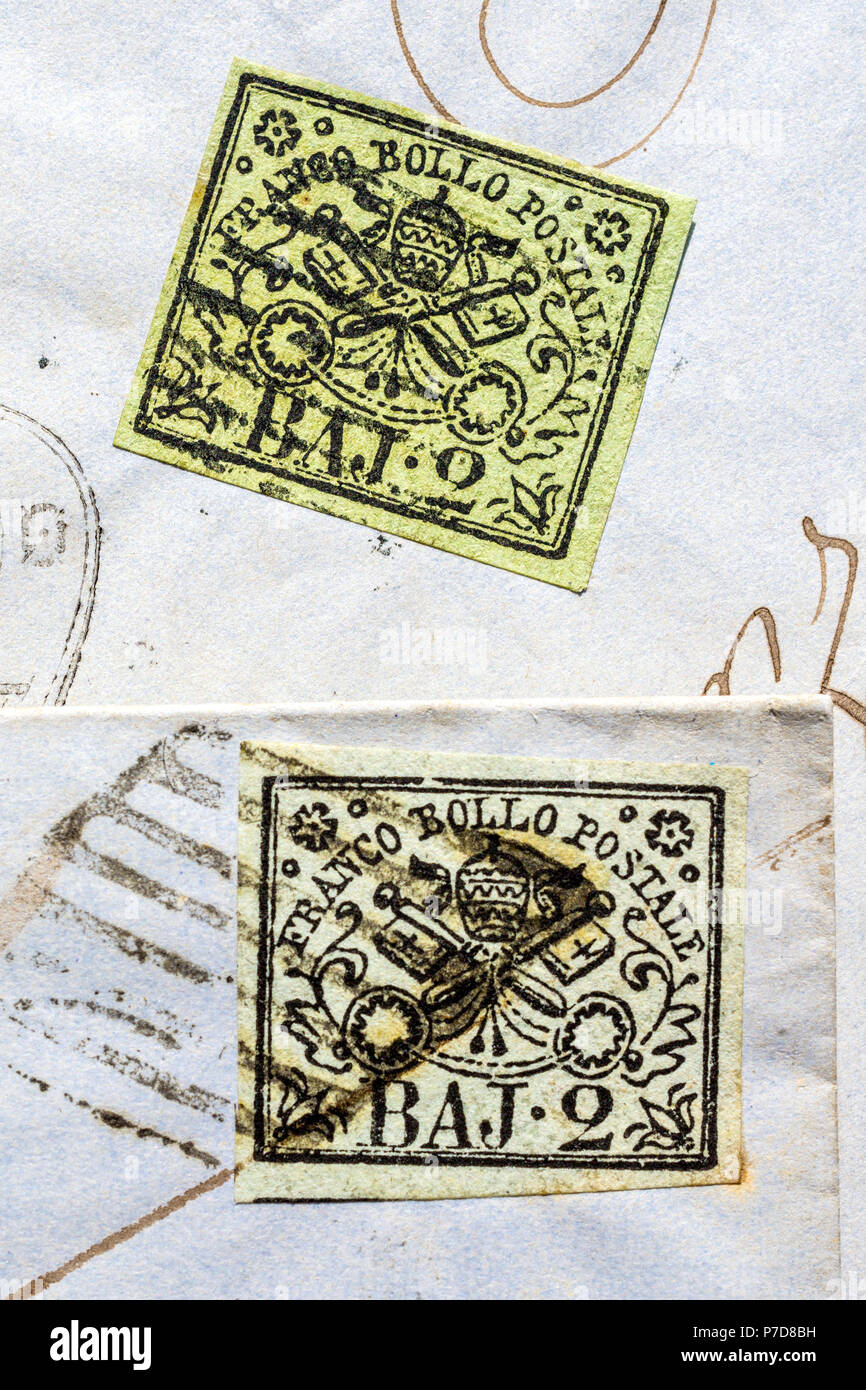 1852 Kirchenstaat (Italien) Briefmarke auf Brief. Stockfoto