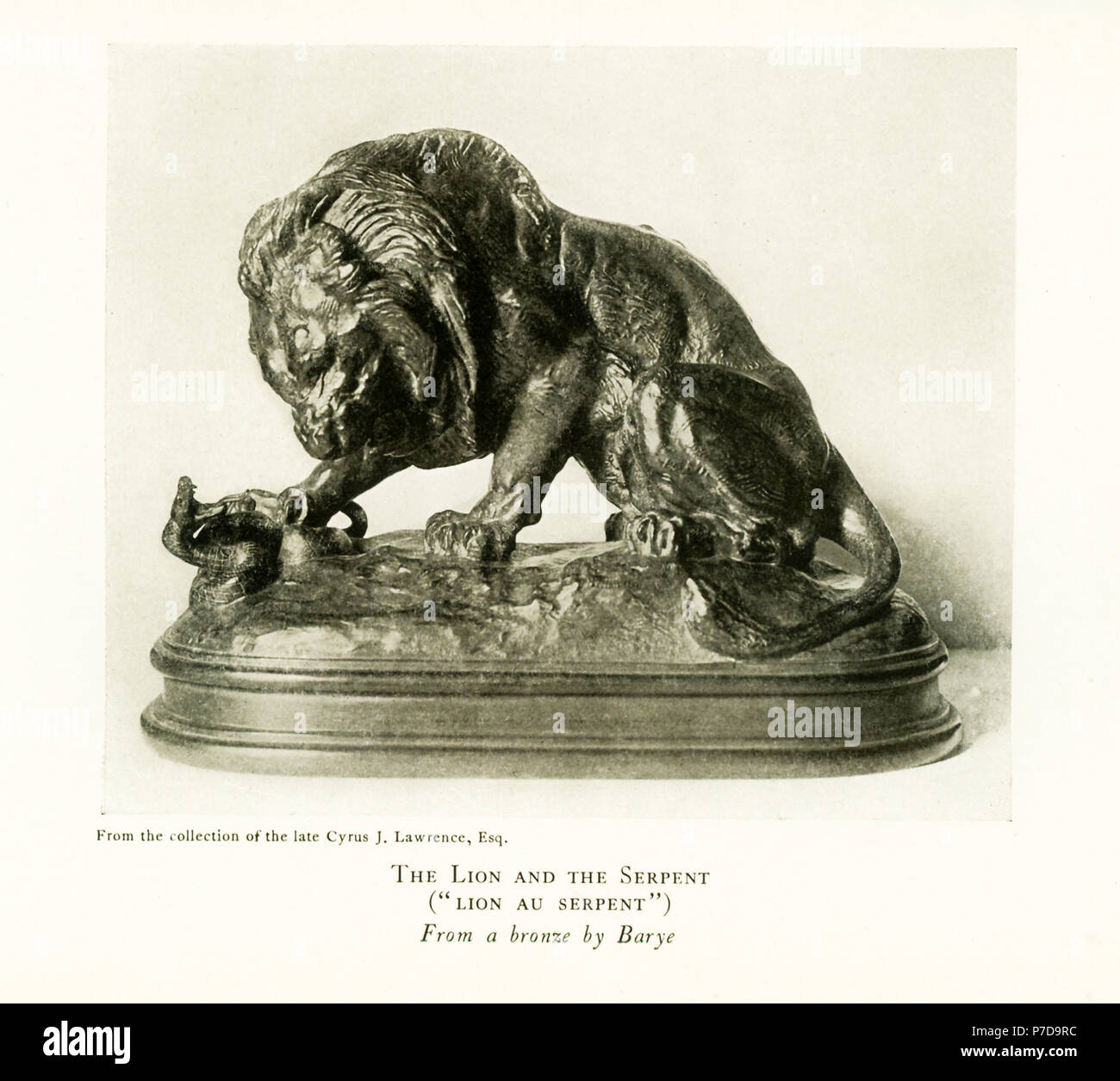 Antoine Louis Barye (1795-1875) war ein französischer Bildhauer. Er ist am besten bekannt als Bildhauer von Tieren (also eine ANIMALIER). Diese Bronze Skulptur von Barye trägt den Titel "Der Löwe und die Schlange" und gehörte zur Sammlung des späten Cyrus J. Lawrence, Esq. Stockfoto