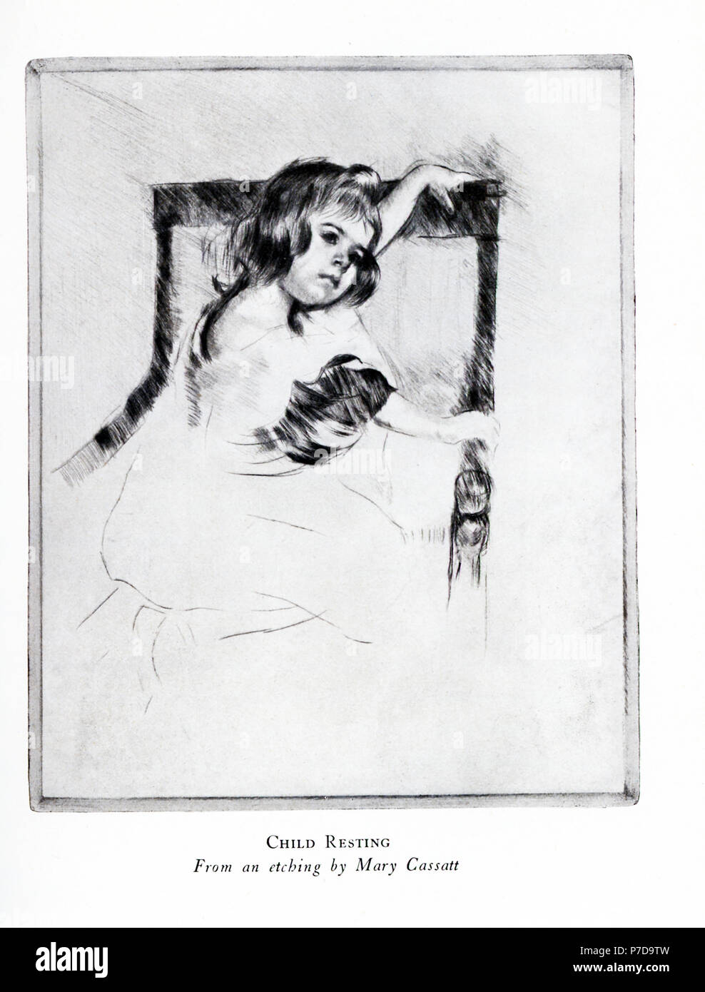 Mary Cassatt (1844-1926) war der einzige amerikanische Künstler mit den Impressionisten in Paris zu zeigen. Sie wurde für ihre Malerei der inländischen Momente, vor allem ihre Bilder von Frauen und Kindern. Ihre Werke waren unter den ersten impressionistischen Werken in den Vereinigten Staaten gesehen. Diese radierung ist unter dem Titel "Kind ausruhen." Stockfoto