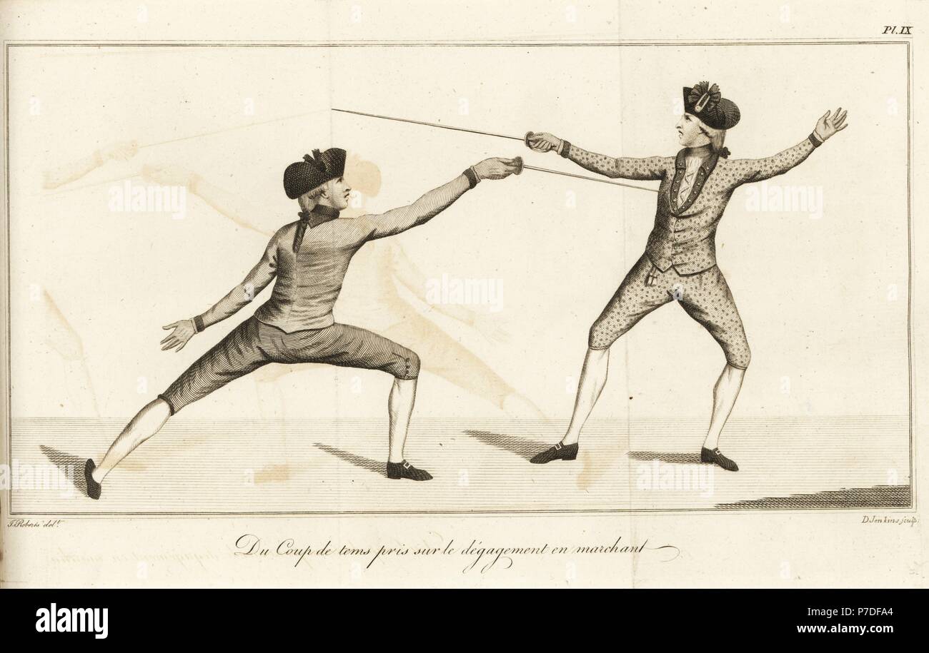 Herr Fechter Longieren und auffällig sein Gegner (coup de tems pris sur le degagement en Marchant), 18. Kupferstich von D Jenkins nach einer Abbildung aus dem Leben von J. Roberts von Herrn J. Olivier Fechten vertraut gemacht, oder eine neue Abhandlung über die Kunst des Schwert Spielen, John Bell, London, 1771. Stockfoto