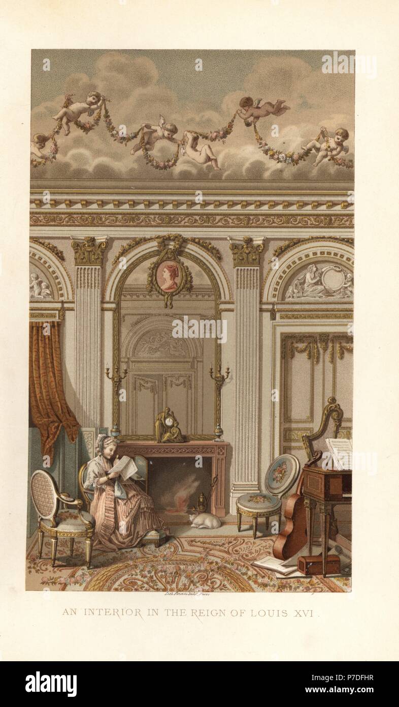 Moderne Einrichtung in der Herrschaft von Louis XVI., 18. Chromolithograph von Paul Lacroix' des achtzehnten Jahrhunderts: ihre Institutionen, Sitten und Trachten, London, 1876. Stockfoto