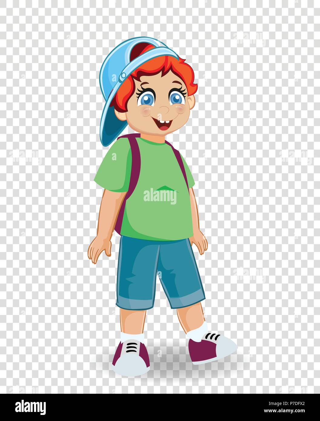 Vector Illustration von niedlichen Lächeln rothaarige ginger Schuljunge mit Rucksack auf transparentem Hintergrund isoliert. Zurück zum Konzept der Schule. Wenig zu fröhlich Stock Vektor