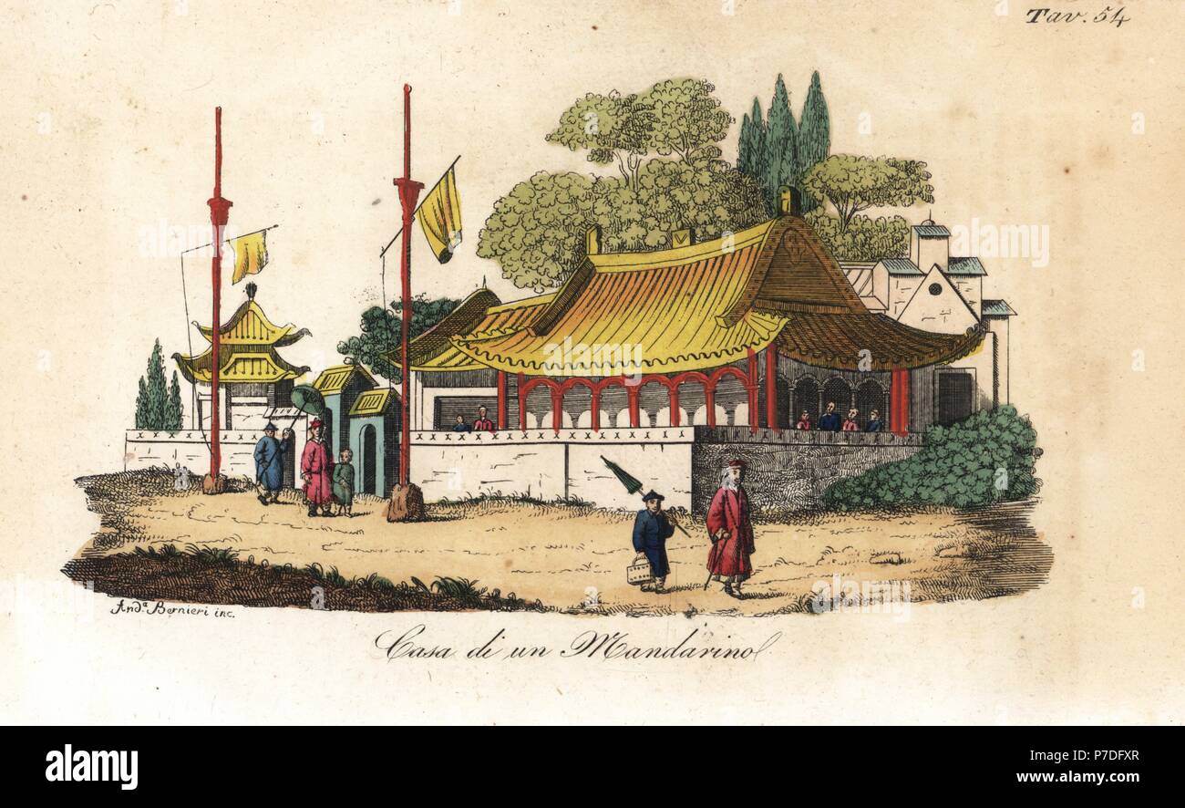 Haus eines chinesischen Mandarin (bürokrat), von zwei großen Flagge Polen mit Banner am Tor aus. Papierkörbe Kupferstich von Andrea Bernieri von Giulio Ferrrario's Kostüme antiken und modernen aller Völker (Il Kostüm Antico e Moderno di Tutti i Popoli), Florenz, 1842. Stockfoto