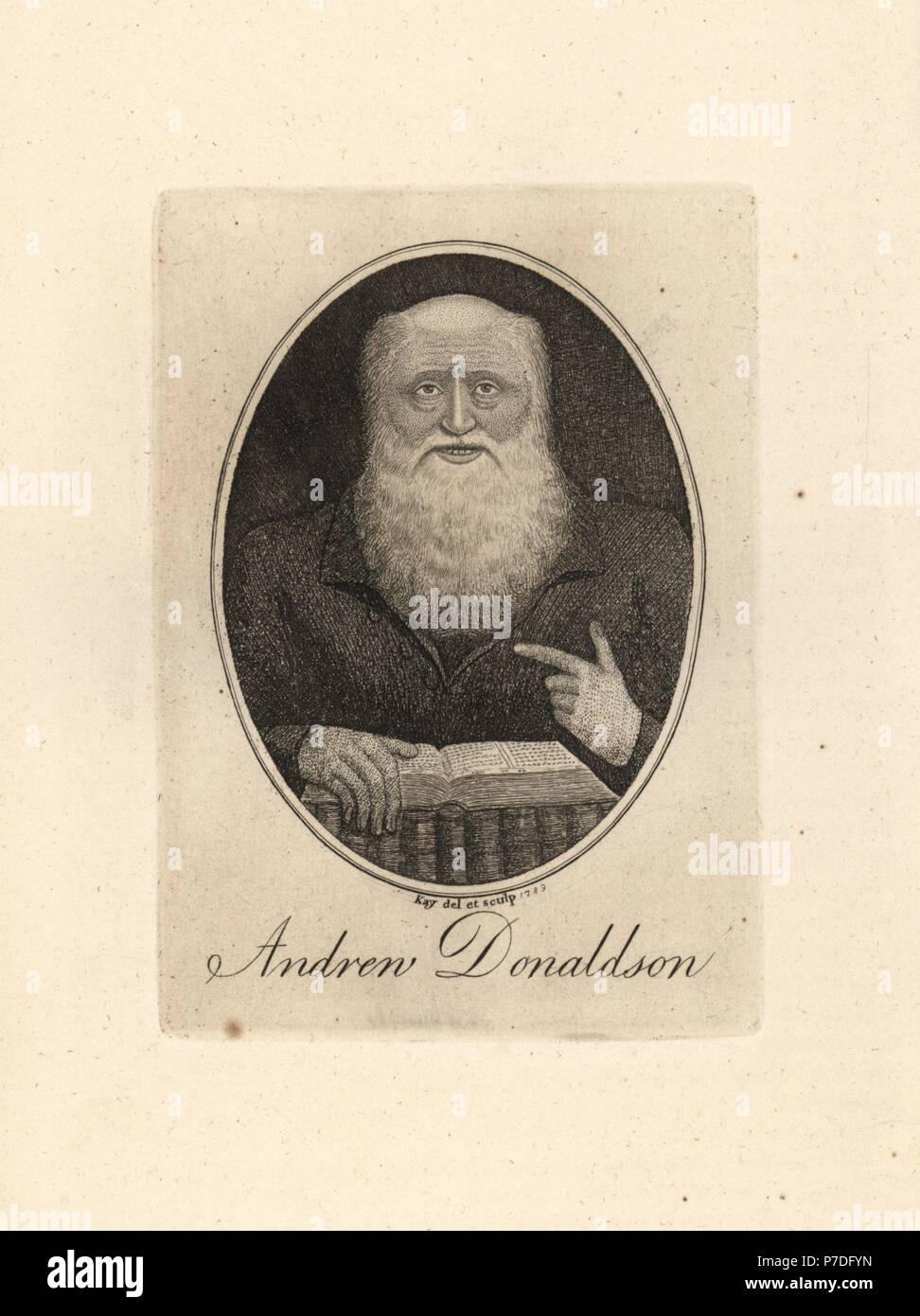 Andrew Donaldson, Lehrer für Griechisch und Hebräisch, Exzentriker, die Straßen von Dunfermline mit einer Eisenstange ging. Kupferstich von John Kay von A Series of Original Portraits und Karikatur Radierungen, Hugh Paton, Edinburgh, 1842. Stockfoto