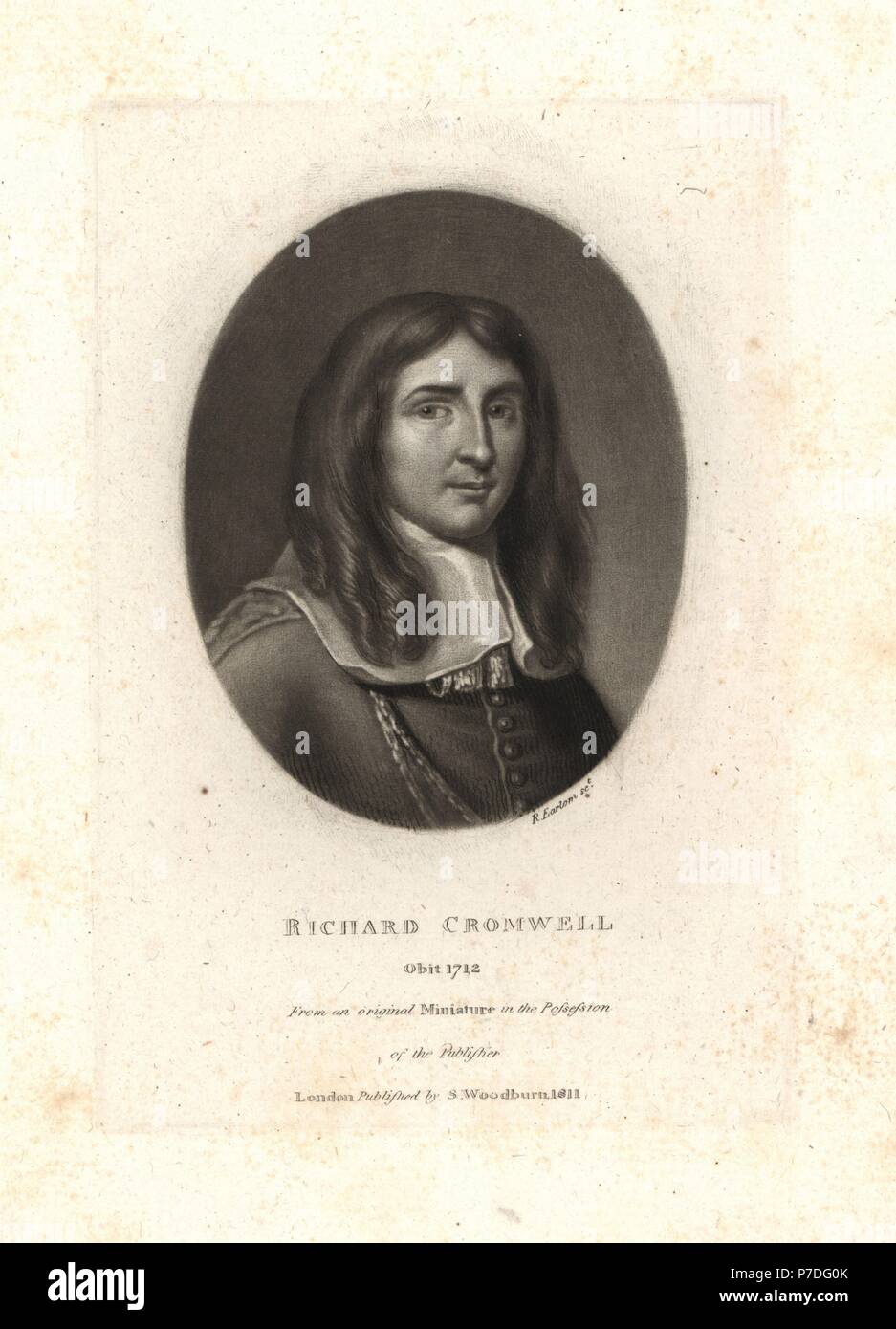 Richard Cromwell, Lord Protector, Sohn von Oliver Cromwell, starb 1712. Kupferstich schabkunstblatt von Richard Earlom nach einem original Miniaturmalerei von Samuel Woodburn Porträts von Zeichen Illustre in der britischen Geschichte, London, 1811. Stockfoto