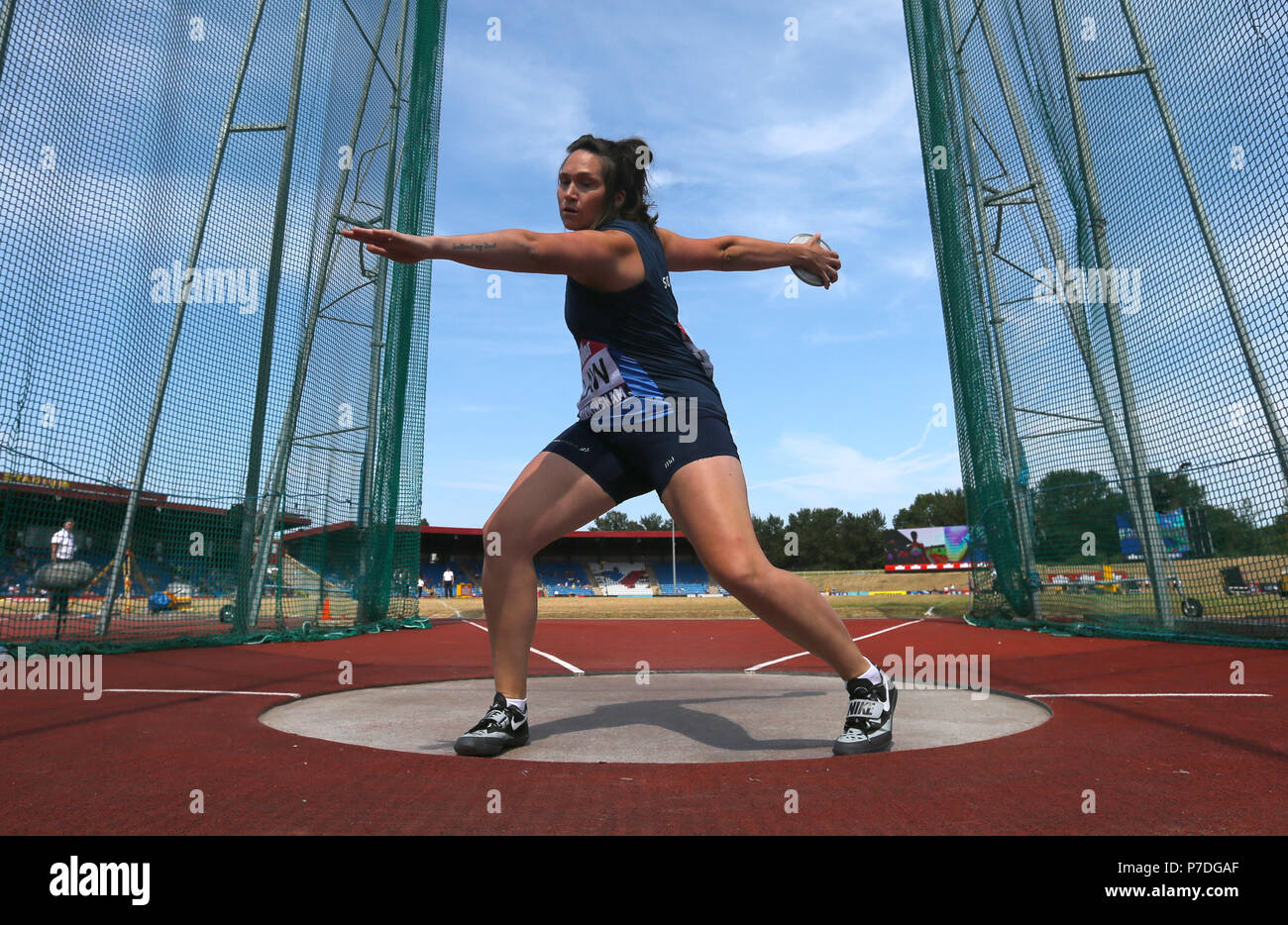 Großbritanniens Kirsty Gesetz konkurriert in der Dicsus bei Tag zwei Der Muller britischen Leichtathletik EM Throw an Alexander Stadium, Birmingham. Stockfoto
