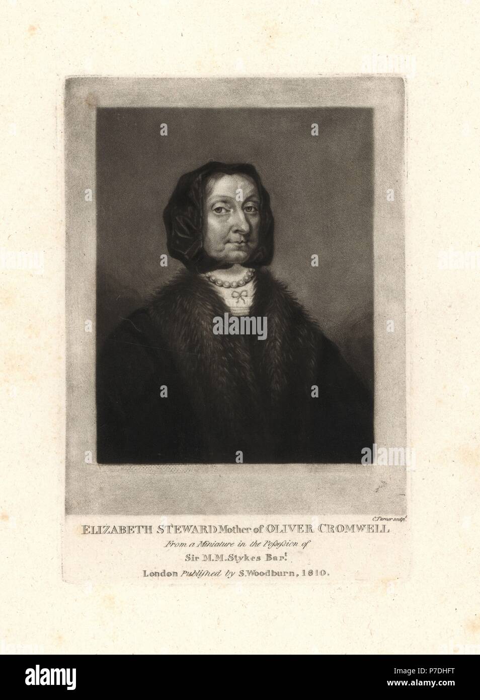 Elizabeth Steward, Mutter von Oliver Cromwell, starb 1654. Kupferstich schabkunstblatt von Charles Turner nach einem original Miniaturmalerei von Samuel Woodburn Porträts von Zeichen Illustre in der britischen Geschichte, London, 1810. Stockfoto