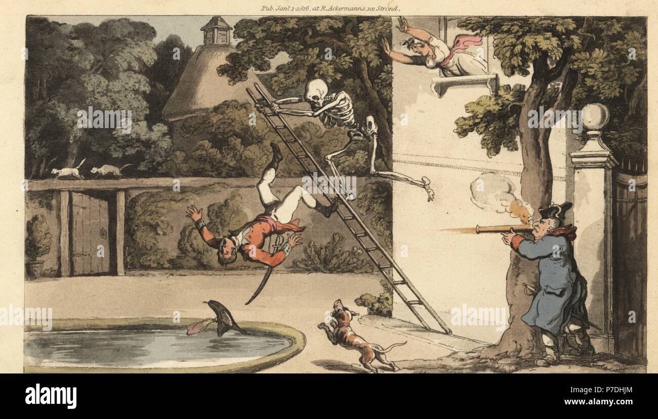 Das Skelett des Todes schiebt eine Leiter in der Nähe einer Wand das Töten eines galanten Verehrer, wie er versucht, mit einer Schönheit zu fliehen. Der Vater des Mädchens schießt eine muskete an der fallenden Mann. Papierkörbe Kupferstich erstellt und von Thomas Rowlandson aus dem Englischen Tanz des Todes, Ackermann, London, 1816 eingraviert. Stockfoto