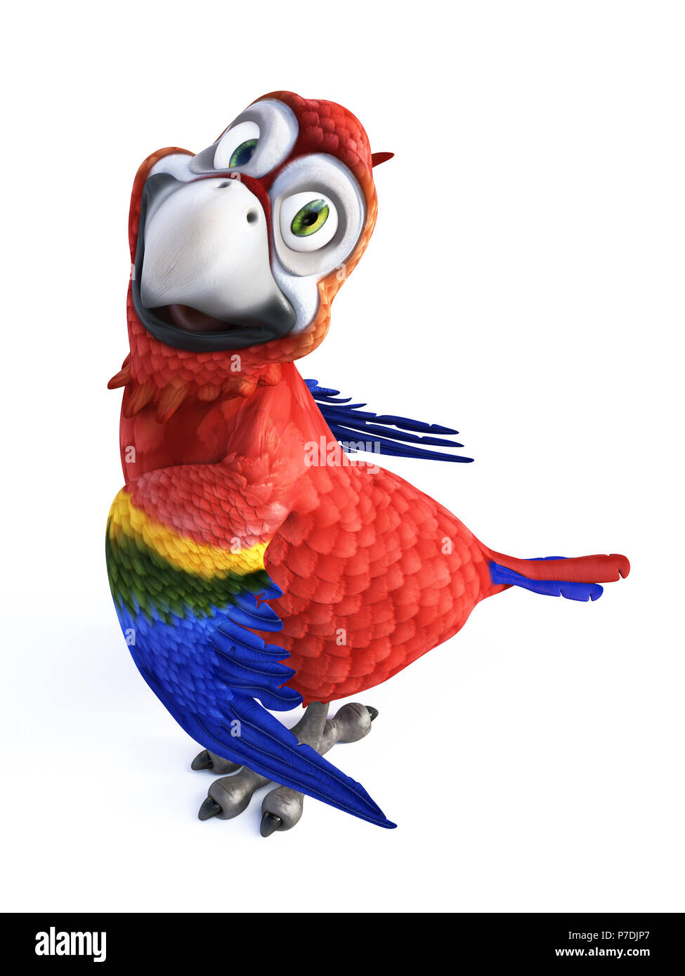 3D-Rendering von Cartoon Parrot lächelnd und sehr glücklich. Weißer Hintergrund. Stockfoto