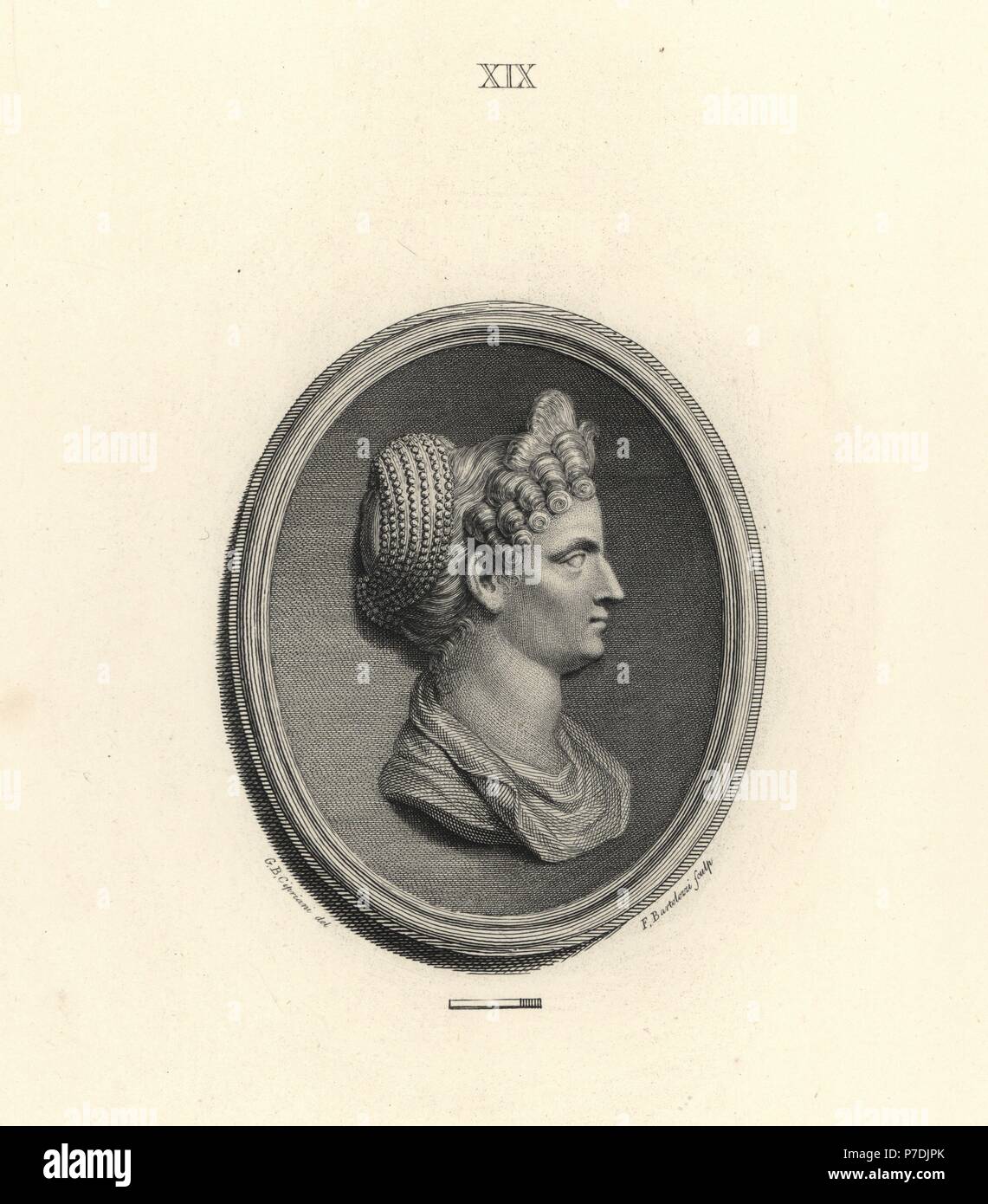 Ulpia Marciana, ältere Schwester des Roman Emperor Trajan. Kupferstich von Francesco Bartolozzi nach einem Entwurf von Giovanni Battista Cipriani aus 108 Platten der Antike Schmuckstücke, 1860. Die Edelsteine wurden von dem Herzog von Marlborough Sammlung. Stockfoto