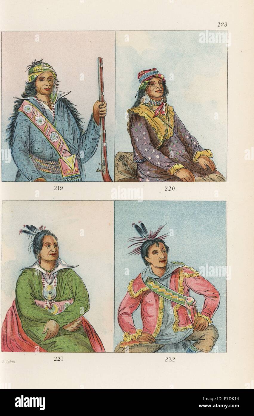 Muscogee Creek Nation: Häuptlinge Stee-Cha-co-me-co, großer König oder Ben Perryman 219 und Hol-te-mal-te-tez-te-neehk-ee, Sam Perryman 220. Choctaw Chef Mo-Sho-la-Wanne-Biene, er Wer setzt aus und tötet 221, und Häuptling Ha-Tchoo-Tuck-nee, Schnappschildkröte oder Peter Pinchlin (Pitchlynn) 222. Handkoloriert Lithographie von George Catlins Sitten, Bräuche und Zustand der nordamerikanischen Indianer, London, 1841. Stockfoto