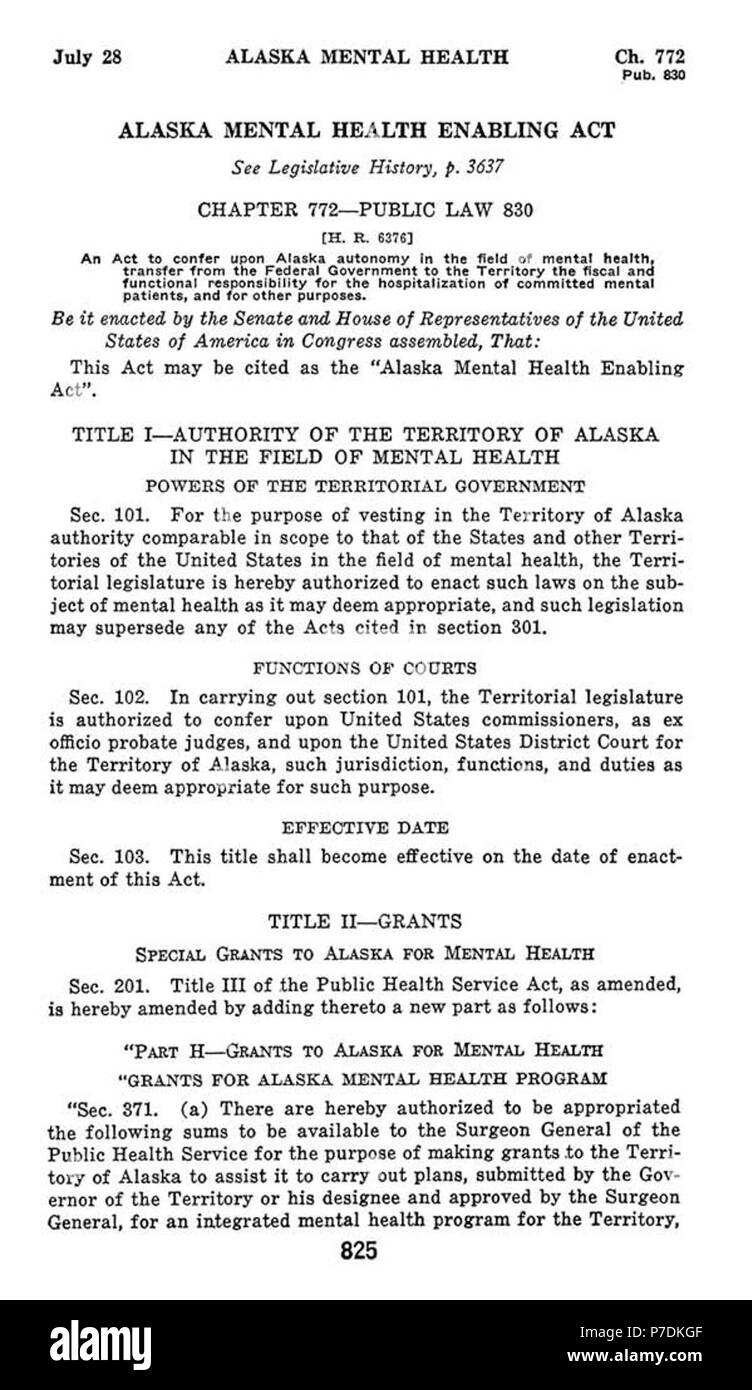1956 Alaska Mental Health Ermächtigungsgesetz. Stockfoto