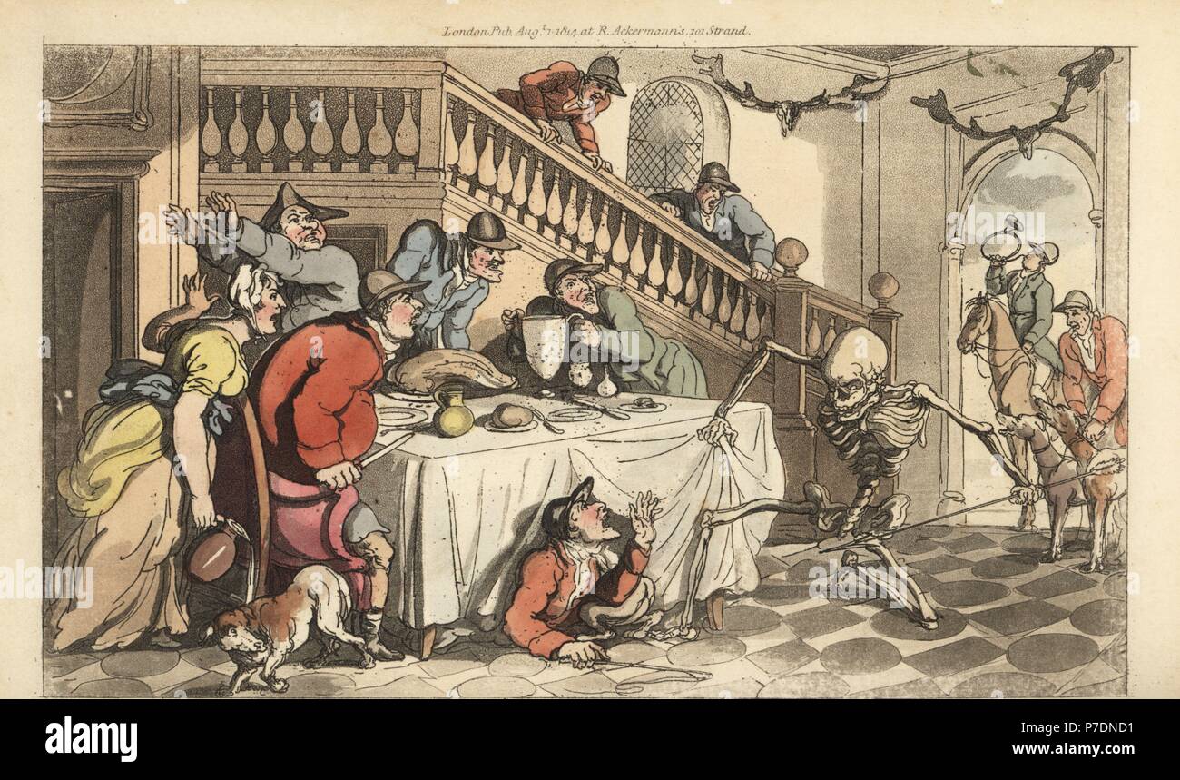 Das Skelett der Tod kommt für einen Jäger, wie er unter einer Tabelle nach einer Fuchsjagd versteckt. Papierkörbe Kupferstich erstellt und von Thomas Rowlandson aus dem Englischen Tanz des Todes, Ackermann, London, 1816 eingraviert. Stockfoto