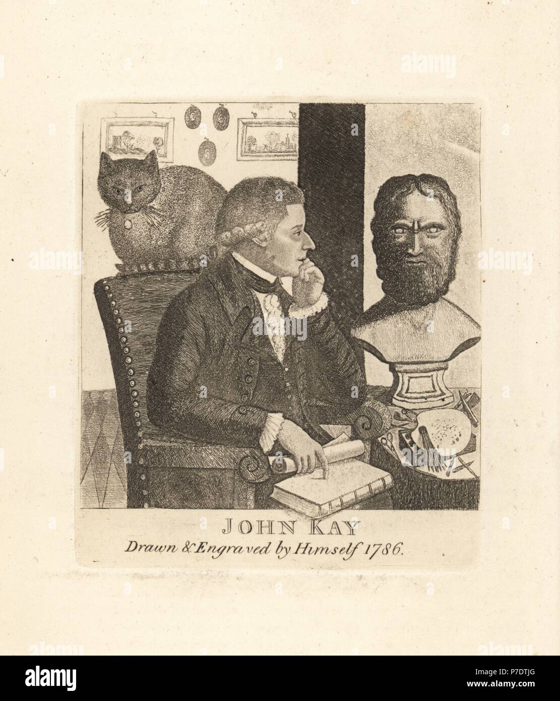 John Kay, gezeichnet und gestochen von sich selbst, 1786. Kupferstich von John Kay von A Series of Original Portraits und Karikatur Radierungen, Hugh Paton, Edinburgh, 1842. Stockfoto