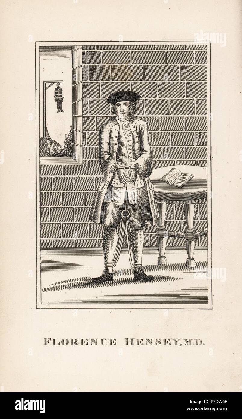 Florence Hensey, irische Arzt zum Tode wegen Hochverrats als französischer Spion im Jahre 1759. Zwei Wochen später Gnadenfrist. In den Fesseln in einer Gefängniszelle mit eines Körpers hängt von einem Galgen außerhalb des Fensters angezeigt. Kupferstich von John Caulfields Porträts, Memoiren und Zeichen der bemerkenswerte Personen, Young, London, 1819. Stockfoto