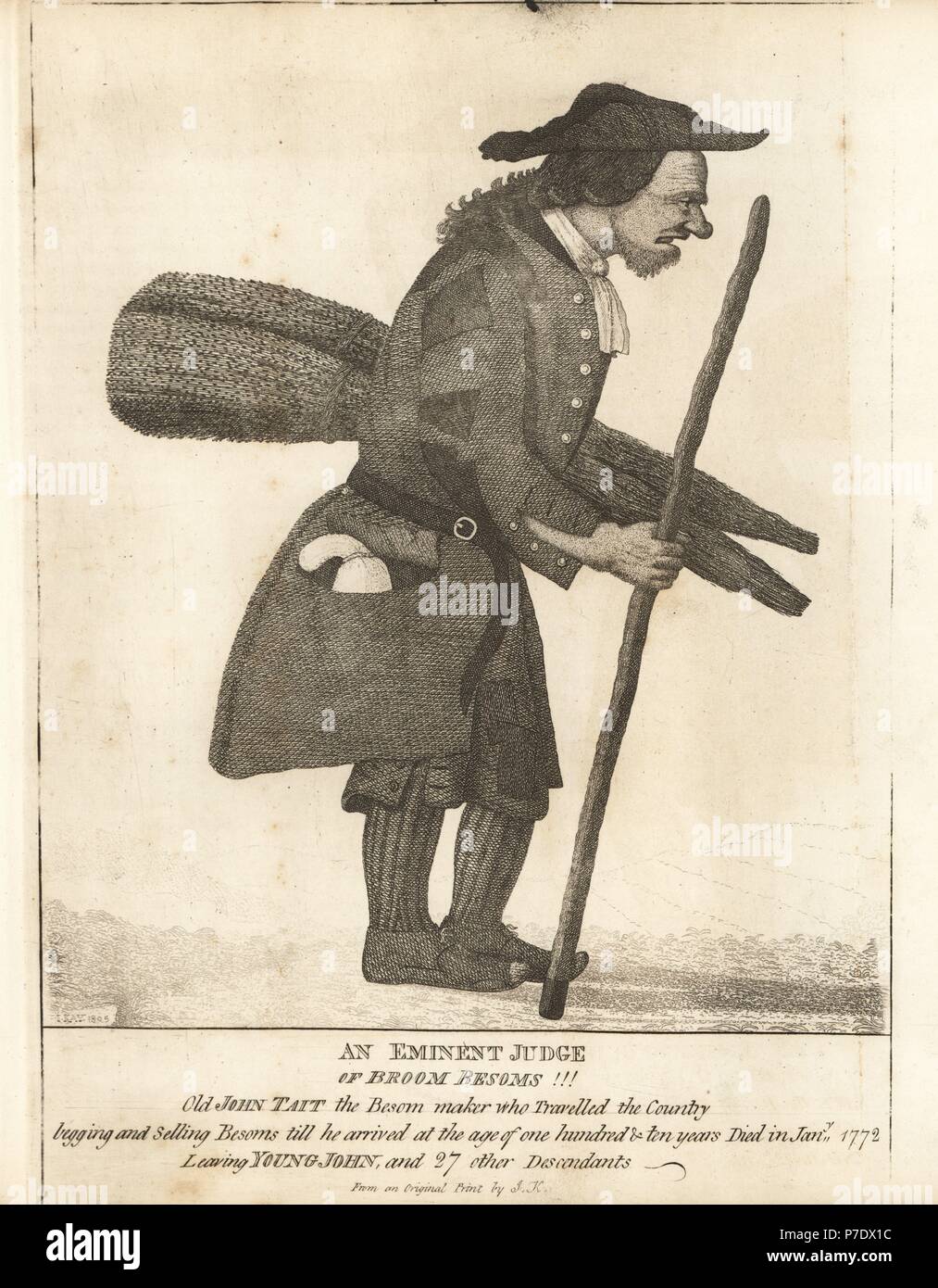 Alten John Tait, der Besen-Hersteller, lebte bis zum Alter von 110 und Links 28 nachkommen. Kupferstich von John Kay von A Series of Original Portraits und Karikatur Radierungen, Hugh Paton, Edinburgh, 1842. Stockfoto