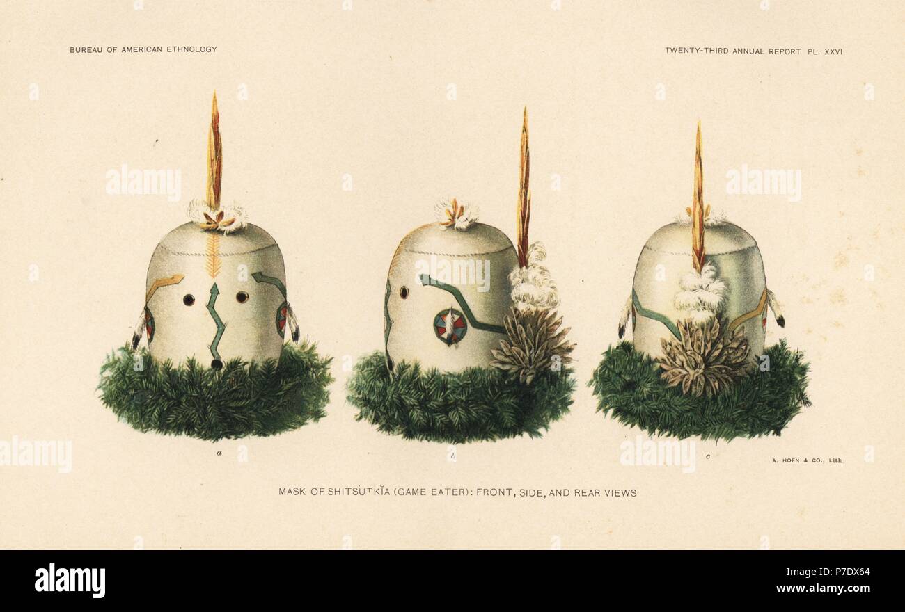 Maske des Scheiße ukia, Spiel Esser, Gott der Zuni (Front-, Seiten- und Rückansicht). Chromolithograph bis August Hoen von John Wesley Powell's 23. Jahresbericht des Präsidiums der amerikanischen Ethnologie, Washington, 1904. Stockfoto