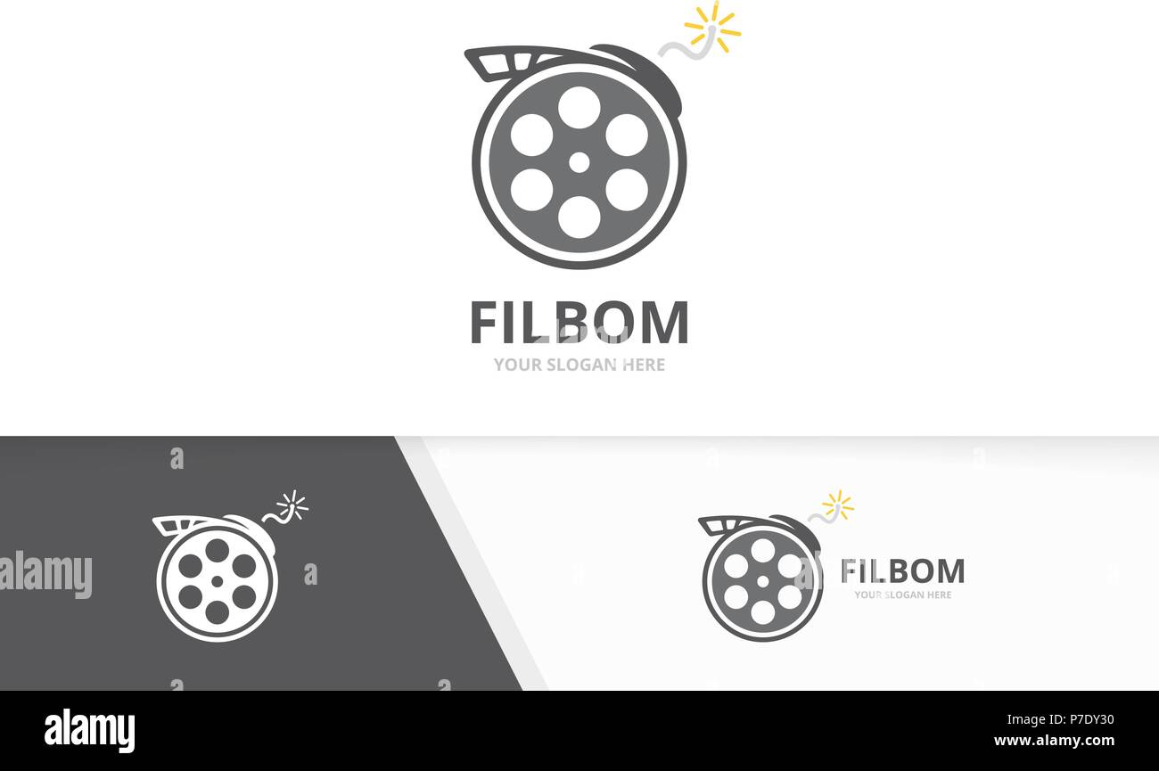 Vektor Film und Bombe logo Kombination. Kino und explodieren, Symbol oder Icon. Einzigartige Film- und Waffe Logo Design Template. Stock Vektor