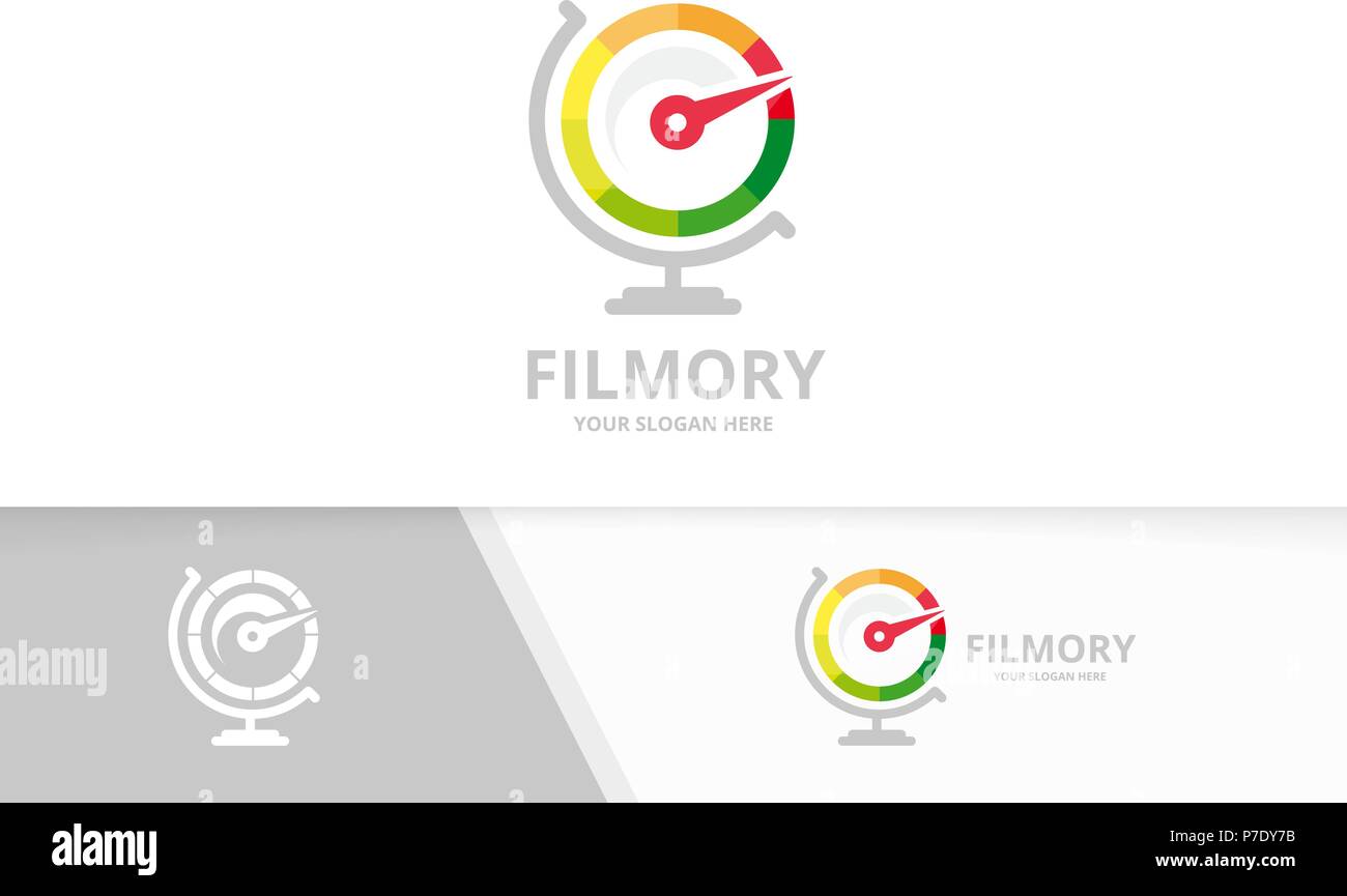 Vektor Tachometer und Globe logo Kombination. Drehzahlmesser und Planet Symbol oder Icon. Einzigartige speedo Logo Design Template. Stock Vektor