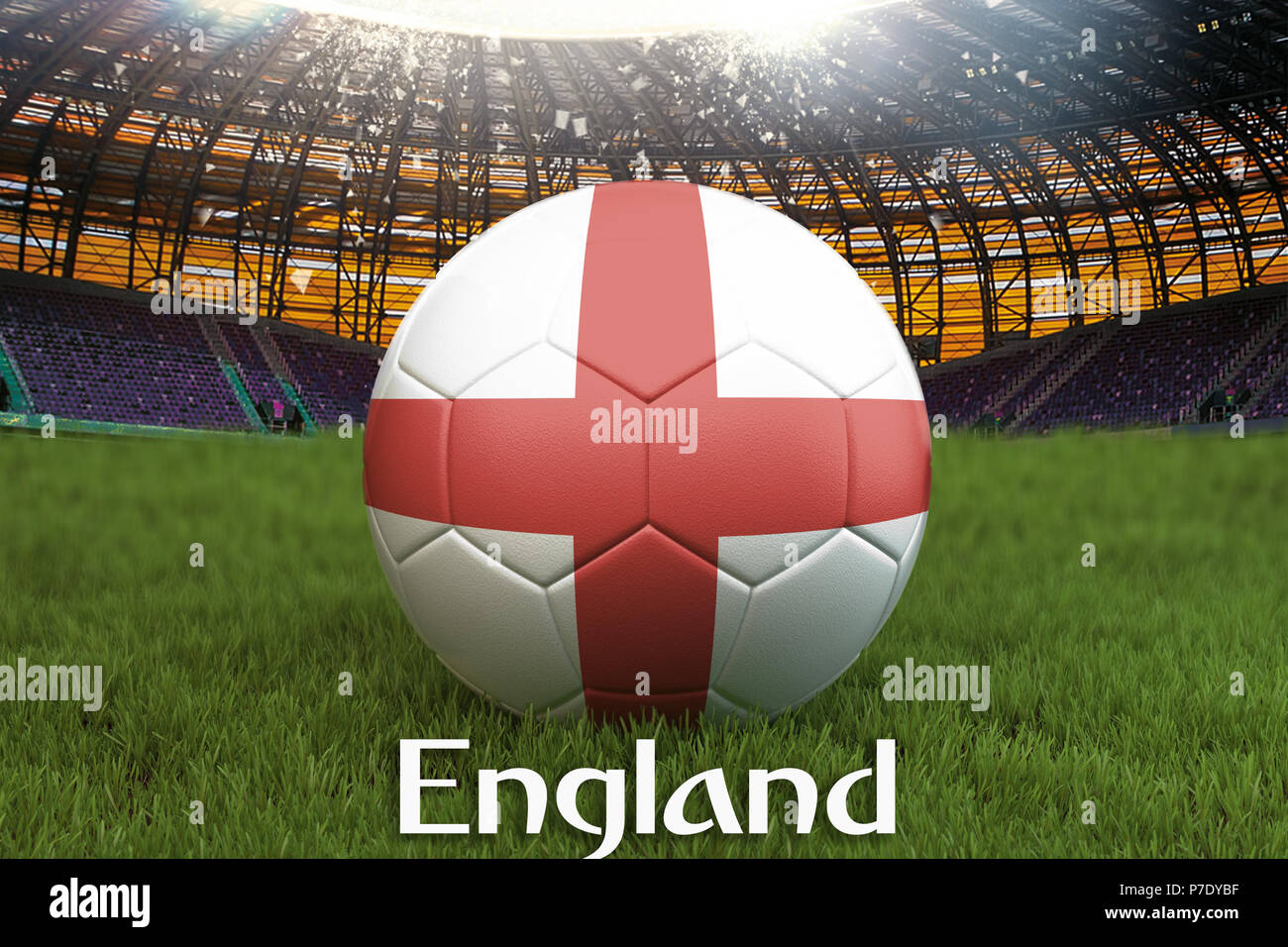England Fußball Team Ball auf große Stadion Hintergrund. England Team Wettbewerb Konzept. England Flagge auf ball Team Turnier in Russland. Sport competit Stockfoto