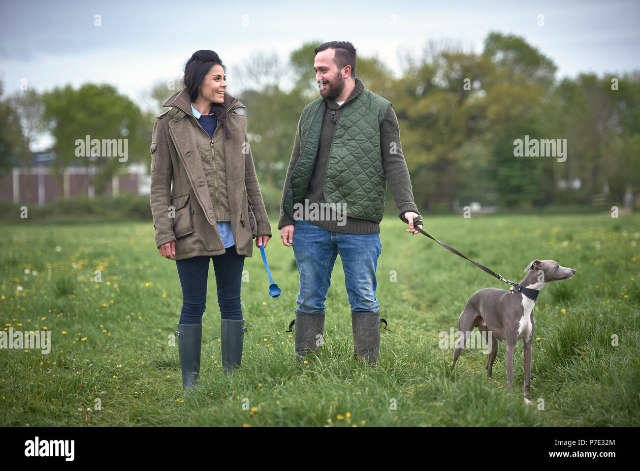 Frau und Mann Hund im Feld Stockfoto