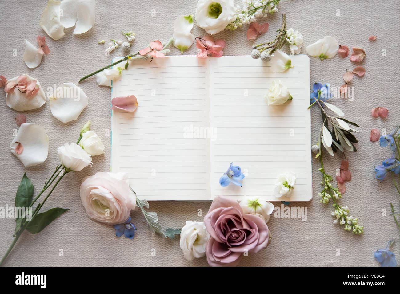 Noch immer leben in leer Hinweis öffnen Buch mit pastellfarbenen Blüten, Blätter und Stängel, Ansicht von oben Stockfoto