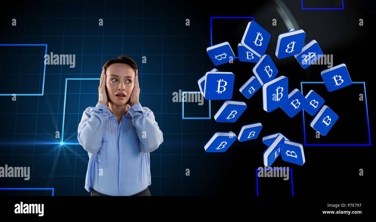 Frau mit bitcoin Symbole Stockfoto