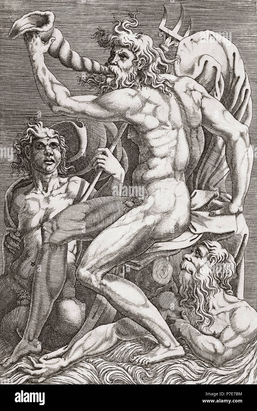 Neptun. Nach einem Kupferstich aus dem 16. Jahrhundert. Neptun war der römische Gott des Meeres, und auch der Pferde. Stockfoto