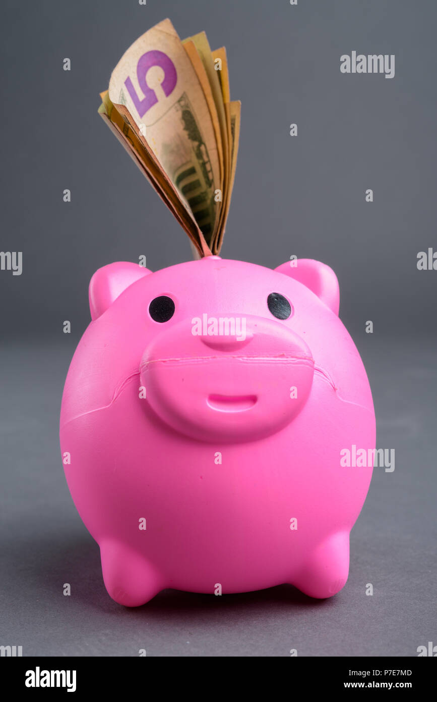 Vorderansicht des Sparschwein mit Dollars Stockfoto