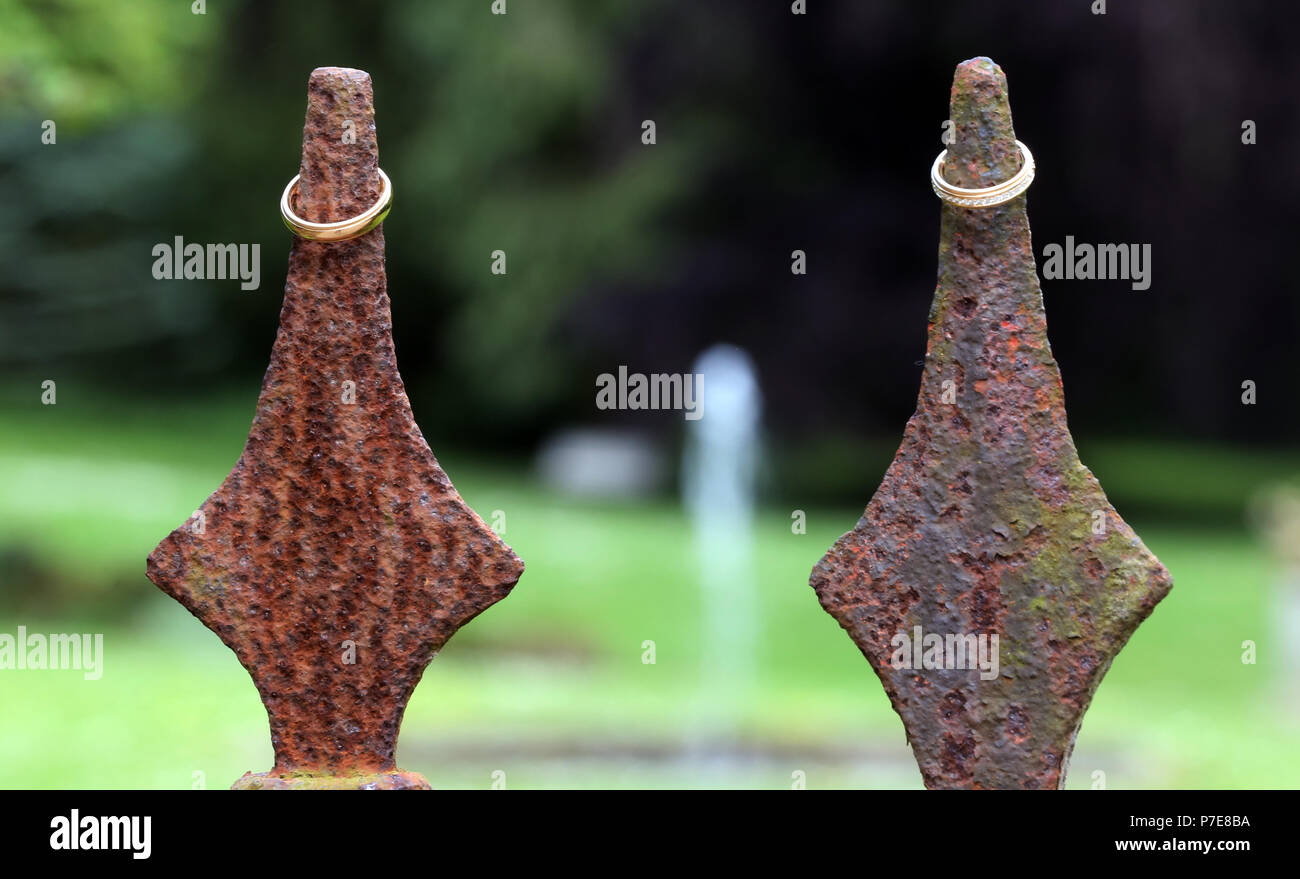 Goldene Hochzeit Ringe stilvoll arrangiert auf dem Zaun Lancet Stockfoto