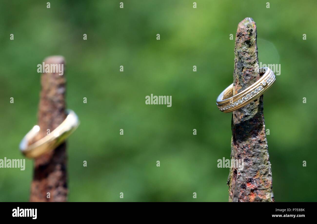 Goldene Hochzeit Ring der Braut mit brillanten angeordnet auf einem Zaun Lancet Stockfoto