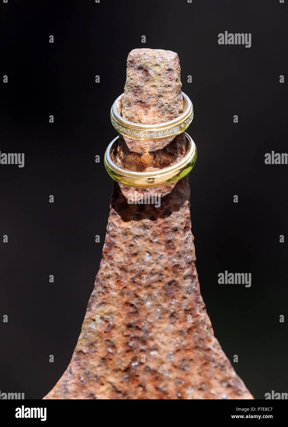 Goldene Hochzeit Ringe mit brillanten verziert auf einer alten Zaun Lancet Stockfoto