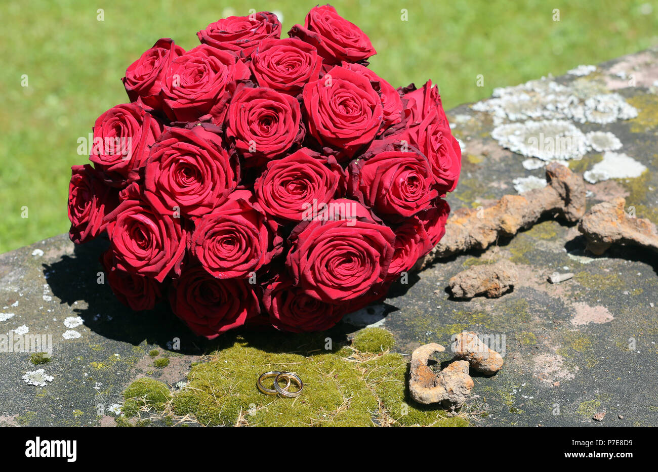 Goldene Hochzeit Ringe stilvoll auf Moss vor der Brautstrauß angeordnet Stockfoto