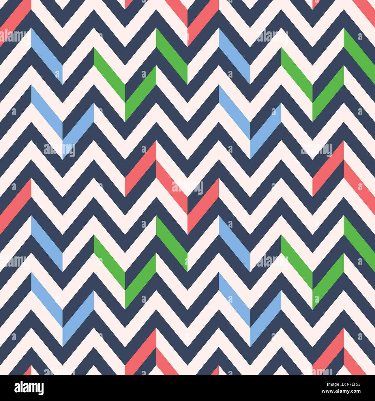 Retro Mod Stil Vektor nahtlose Chevron Muster in Rot, Grün und Blau auf Creme Hintergrund. Stilvolle, geometrisch abstrakte Grafik Dreieck Drucken Stock Vektor