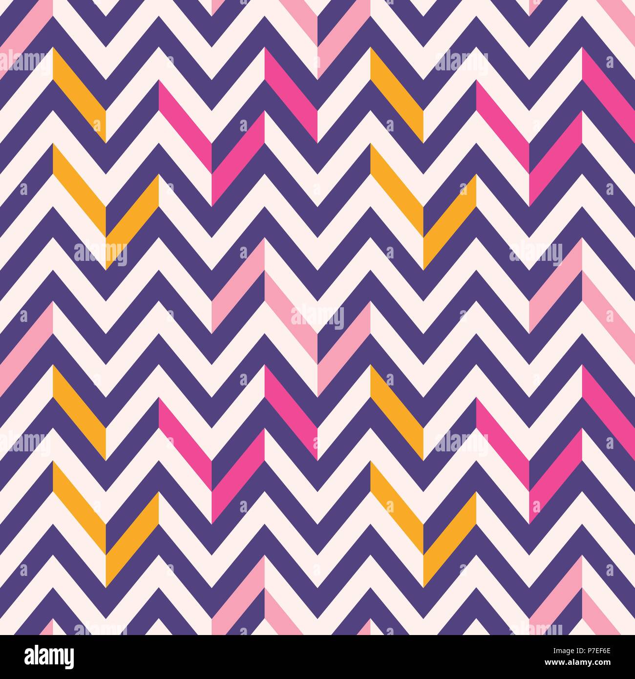 Retro Mod Vektor Nahtlose unregelmäßige Chevron Muster in Pink, Lila, Gelb auf Creme Hintergrund. Elegante Frische geometrische Grafik Dreiecke. Mitte des Jahrhunderts Stock Vektor