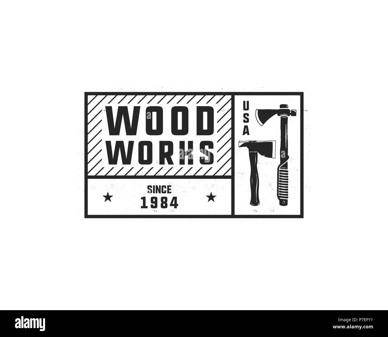 Jahrgang Hand gezeichnet woodworks tag Logo und Emblem. Zimmerei Service Label, Patch. Typografie Holzfäller Insignia mit Achsen und Texte. Retro schwarz Stil. Vektor illusration auf Weiß isoliert. Stock Vektor