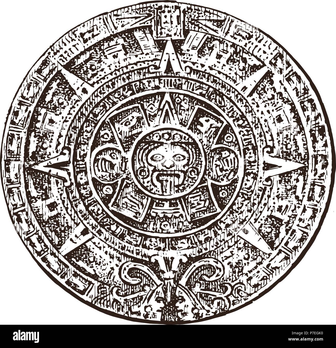 Vintage Maya-kalender. traditionellen einheimischen aztekischen Kultur. Alte Schwarzweiß-Mexiko. Indianer. Graviert Hand gezeichnet alte Skizze für das Label. Stock Vektor
