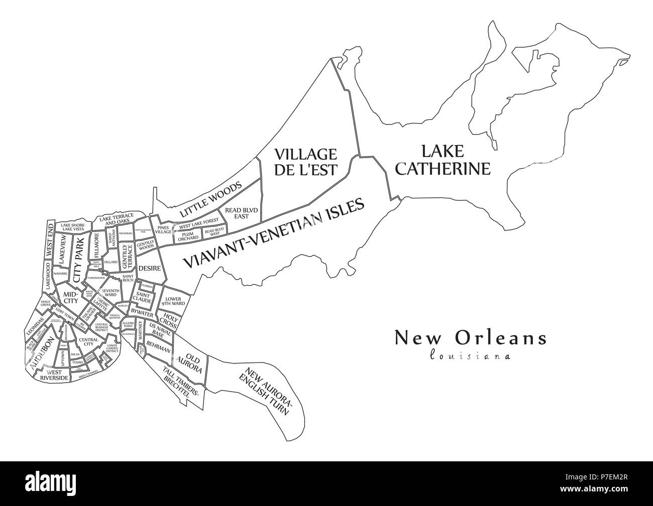 Moderne Stadtplan - New Orleans Louisiana Stadt der USA mit Nachbarschaften und Titel Übersichtskarte Stock Vektor