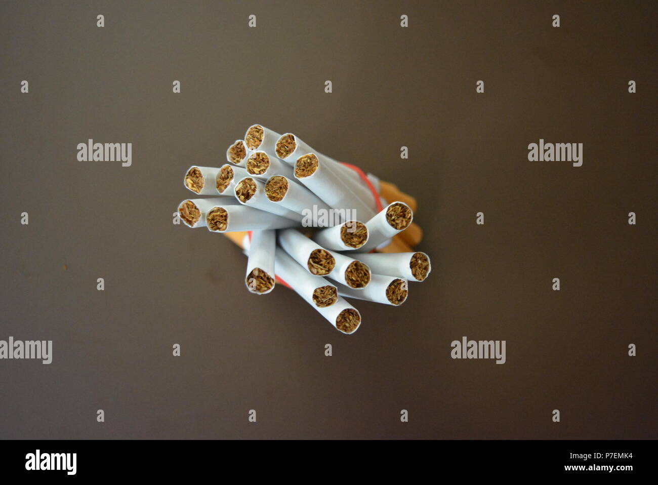 Zigaretten aus der Packung sind mit einem roten Gummi auf einem Braunen matten Hintergrund fixiert. Stockfoto