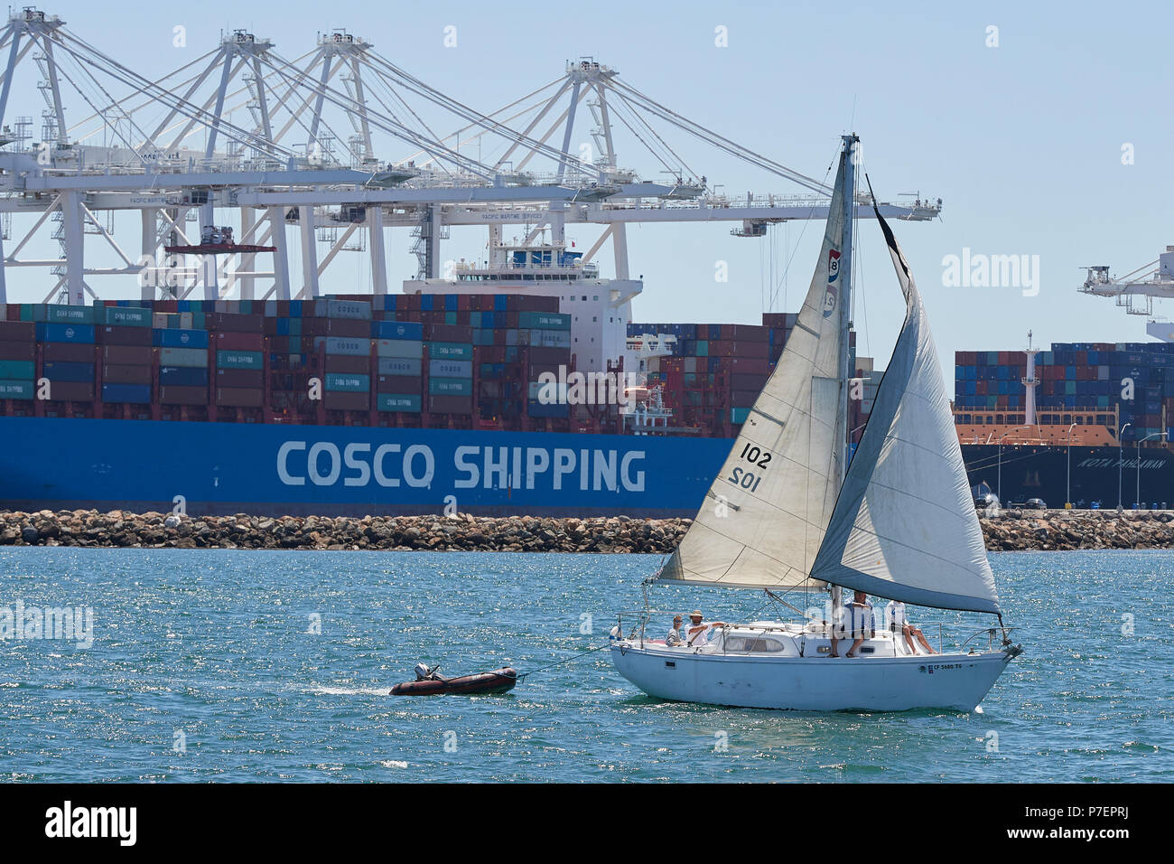 Kleine Segel Yacht segeln Vorbei an der Long Beach Container Terminal, ein riesiges COSCO Container schiff Hinter. Kalifornien, USA. Stockfoto